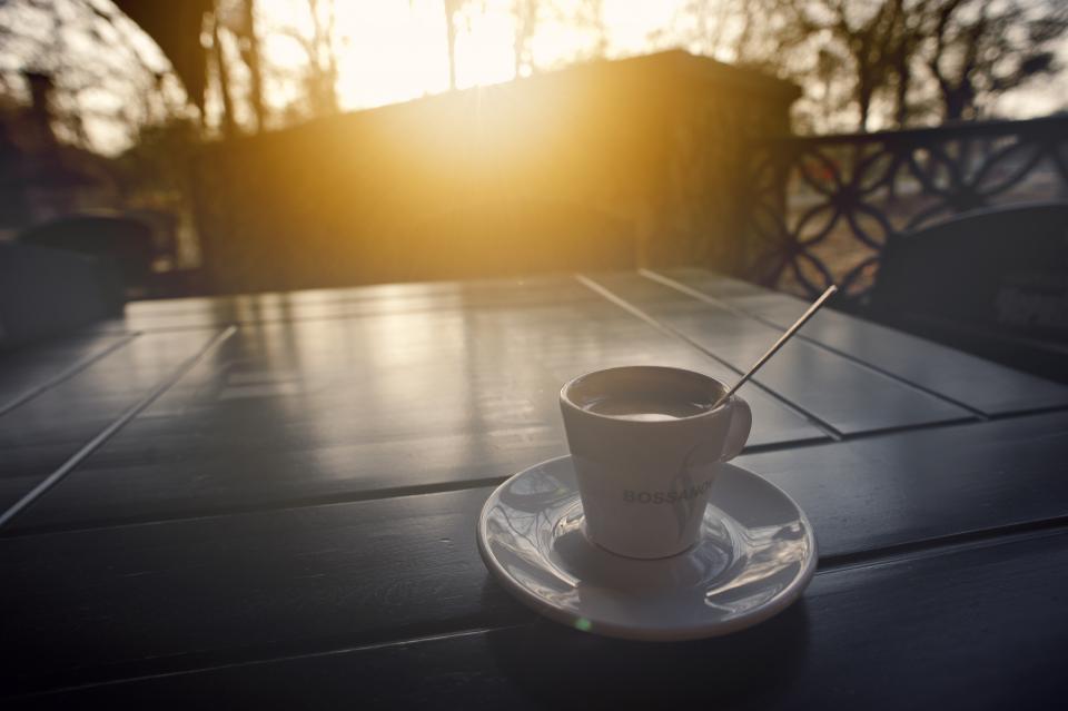coffee cup saucer table sunset trees terrace fence sunshine spoon 